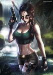  1girl areolae artist_name ayyasap breasts brown_eyes brown_hair glasses gradient gradient_background gun lara_croft large_breasts lips lipstick looking_at_viewer nail_polish navel ponytail short_shorts shorts solo tomb_raider tree water weapon wet 