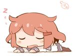  artist_name blush_stickers brown_hair check_commentary chibi closed_eyes commentary commentary_request hair_ornament hairclip hanomido ikazuchi_(kantai_collection) kantai_collection long_sleeves lying on_stomach open_mouth pantyhose school_uniform serafuku short_hair simple_background skirt sleeping solo white_background zzz 