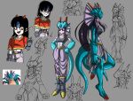  1girl absurdres age_progression alternate_form aura baggy_pants belt belt_buckle black_boots black_gloves black_hair black_tank_top blue_scales blue_skin boots breasts buckle claws colored_sclera colored_skin crop_top cropped_head cropped_legs cropped_shoulders dragon_ball dragon_ball_(object) dragon_ball_gt dragon_horns dragon_tail elbow_spikes fangs finger_claws fingerless_gloves fins full_body fusion gloves grey_background grey_pants hand_up hands_on_own_hips head_fins head_tail highres horns long_hair long_tongue medium_breasts medium_hair midriff monster_girl multiple_views naturon_shenron open_mouth pale_skin pan_(dragon_ball) pants pants_tucked_in pointy_ears possessed purple_hair purple_pants purple_skin red_claws red_eyes red_horns red_shirt redesign reference_inset reference_sheet shaking shirt sidelocks sketch small_breasts solo tail tank_top toe_claws tongue torn_clothes torn_pants un_koshin1402 very_long_hair yellow_sclera yellow_trim 