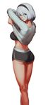  arms_up ass bangs black_bra black_hairband black_shorts boyshorts bra breasts closed_mouth eyebrows_visible_through_hair from_behind green_eyes hair_between_eyes hairband highres legs_together long_sleeves looking_at_viewer looking_back medium_breasts mole mole_under_mouth nier_(series) nier_automata no_blindfold powergene shirt short_hair short_shorts shorts simple_background smile solo standing strapless strapless_bra underwear undressing white_background white_shirt yorha_no._2_type_b 