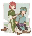  1girl ^_^ ^o^ black_gloves blush boots braid braiding_hair breasts closed_eyes dress fingerless_gloves fire_emblem fire_emblem:_rekka_no_ken full_body gloves green_eyes green_hair guy_(fire_emblem) hairdressing hand_in_another's_hair headband indian_style kneeling long_hair looking_at_another looking_back noshima open_mouth pants ponytail priscilla_(fire_emblem) red_hair sash shirt short_hair sitting small_breasts smile white_gloves wing_hair_ornament 