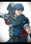  blue_eyes blue_hair cape falchion_(fire_emblem) fire_emblem fire_emblem:_monshou_no_nazo fire_emblem_heroes gloves highres kometubu0712 looking_at_viewer male_focus marth solo sword tiara weapon 