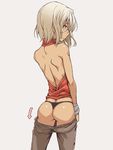  428 ass backless_outfit bare_back bare_shoulders black_panties brown_hair canaan canaan_(character) closed_mouth commentary cowboy_shot dark_skin directional_arrow from_behind grey_background legs_apart oteruko_(wanabeee) panties pants_down pants_pull simple_background solo standing sweatdrop underwear white_hair 