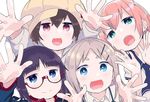  :3 :d :o apron aqua_eyes arm_up arms_up ascot bangs black_hair blonde_hair blue_eyes blue_neckwear blue_sailor_collar blush brown_hair cabbie_hat closed_mouth collared_shirt denki-gai_no_hon'ya-san dot_nose eyebrows fu-girl glasses grey_hoodie hair_between_eyes hair_ornament hairclip hands_up hat hiotan hood hood_down hoodie jitome jpeg_artifacts kameko_(denki-gai) long_hair long_sleeves looking_at_viewer mizu_asato multiple_girls open_hand open_hands open_mouth orange_hair parted_bangs pink_eyes reaching_out red-framed_eyewear round_teeth sailor_collar school_uniform semi-rimless_eyewear sensei_(denki-gai) serafuku sharp_teeth shirt simple_background sleeve_cuffs smile straight_hair tareme teeth thick_eyebrows under-rim_eyewear v-shaped_eyebrows white_background white_shirt wing_collar yellow_hat 