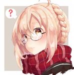  ? ahoge artoria_pendragon_(all) bad_id bad_pixiv_id black-framed_eyewear blonde_hair blush braid brown_background close-up commentary_request crown_braid expressionless face fate_(series) glasses hair_between_eyes highres lips mao_ge mysterious_heroine_x_(alter) parted_lips plaid plaid_scarf red_scarf scarf semi-rimless_eyewear short_hair simple_background solo speech_bubble spoken_question_mark tareme under-rim_eyewear upper_body yellow_eyes 
