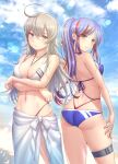  2girls ahoge beach bikini blue_bikini blue_hair blue_sky breasts cleavage closed_mouth cloud cloudy_sky crossed_arms day grey_eyes grey_hair kantai_collection large_breasts long_hair looking_at_viewer multicolored_hair multiple_girls navel ocean outdoors red_hair ryu-akt sarong skindentation sky smile south_dakota_(kancolle) string_bikini swimsuit thigh_strap washington_(kancolle) white_bikini white_sarong 