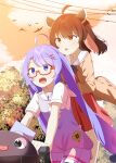  2girls :d adapted_costume ahoge alternate_bangs alternate_costume ascot asymmetrical_bangs bicycle bicycle_basket bird blue_eyes blue_hair blunt_bangs bow bowtie brown_cardigan brown_hair cardigan chaakusu cloud cloudy_sky commentary_request dress eel_hat evening facing_ahead floating_clothes floating_hair frilled_dress frills glasses gradient_clothes gradient_shirt hair_ornament hairclip hands_on_another&#039;s_shoulders hat headgear highres large_hat light_blush long_hair looking_ahead low-tied_long_hair medium_hair mortarboard multicolored_skirt multiple_girls multiple_riders open_cardigan open_clothes open_mouth orange_sky otomachi_una otomachi_una_(talkex) outdoors pleated_skirt power_lines red-framed_eyewear red_dress red_eyes riding riding_bicycle sailor_collar sailor_dress sailor_shirt semi-rimless_eyewear shirt short_sleeves skirt sky smile sunlight talkex teeth three_quarter_view touhoku_kiritan tree twintails under-rim_eyewear unworn_hat unworn_headwear upper_teeth_only very_long_hair voiceroid white_ascot white_sailor_collar 