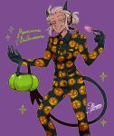  1girl 25_kimera alternate_costume black_gloves black_horns black_jacket black_necktie black_pants black_shirt black_suit blind candy collared_shirt commentary_request dated demon_girl demon_tail english_text food gloves grey_eyes hair_bun halloween halloween_bucket helltaker highres holding holding_candy holding_food holding_lollipop horns jack-o'-lantern_print jacket justice_(helltaker) lollipop necktie no_eyewear outline pants print_jacket print_necktie print_pants purple_background sharp_teeth shirt signature smile solo sparkle standing suit tail teeth white_hair white_outline 