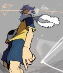  1boy absurdres ball bonesaw_(rdkshinku) facing_to_the_side fubuki_shirou heterochromia highres inazuma_eleven_(series) scarf shirt shorts soccer_ball white_hair yellow_shirt 