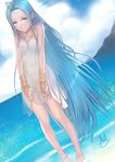  asdj bare_shoulders barefoot blue_eyes blue_hair blush bridal_gauntlets covered_navel covered_nipples dress granblue_fantasy highres long_hair looking_at_viewer lyria_(granblue_fantasy) no_panties ocean pigeon-toed solo standing very_long_hair wading wet wet_clothes white_dress 