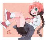  :d bad_id bad_pixiv_id black_shorts blush brown_hair clenched_hands fang green_eyes grey_skirt kill_me_baby kneehighs long_hair looking_at_viewer medium_hair multicolored_hair necktie okayparium open_mouth red_hair red_neckwear school_uniform shoes shorts skirt smile sneakers solo translation_request unused_character 