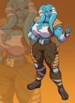 2025 alien alien_humanoid arm_wraps belt big_breasts blowup_background blue_body blue_skin bottomwear breasts brown_eyes clothing crop_top eyebrows eyelashes female footwear hand_on_hip hi_res horn huge_breasts humanoid hybrid lekku_(anatomy) muscular not_furry pants shirt shoes simple_background solo star_wars thick_thighs topwear torn_clothing toughset twi&#039;lek wide_hips wraps zabrak