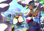  arms_(game) ass bare_shoulders barq breasts byte_(arms) character_request dark_skin drill_hair earrings green_eyes jewelry kid_cobra kiwa_(pokemonwars) lips long_hair looking_at_viewer mask medium_breasts pink_hair smile thick_thighs thighs twin_drills twintelle_(arms) very_long_hair 