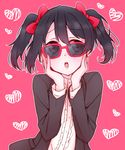  black_hair commentary_request hands_on_own_face hatena_heartbeat heart highres love_live! love_live!_school_idol_project open_mouth red_eyes red_ribbon ribbon sesese_(iywsrh) solo sunglasses twintails upper_body yazawa_nico 