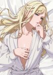  1girl bathrobe bed_sheet blonde_hair blue_eyes breasts collarbone enelous gigi_andalusia gundam gundam_hathaway&#039;s_flash hair_intakes highres long_hair long_sleeves looking_at_viewer lying medium_breasts nail_polish on_back parted_lips red_nails robe solo upper_body white_robe 