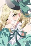  1girl black_hat blush center_frills clenched_teeth commentary english_commentary fang frills green_eyes hat highres looking_at_viewer mixed-language_commentary mizuguchi_aki mole mole_under_eye neck_ribbon one_eye_closed ribbon sasayaku_you_ni_koi_wo_utau shirt simple_background smile solo teeth upper_body white_background white_shirt yoruneko_(liampadolina) 