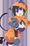  aki_poi animal_ears animal_hood bangs black_footwear black_gloves black_legwear capelet cat_ears cat_hood elbow_gloves eyebrows_visible_through_hair fang gloves hair_between_eyes hood kneehighs looking_at_viewer mary_janes nekogasaki_natsuho open_mouth orange_shorts paws puffy_shorts shoes shorts sidelocks solo striped striped_legwear urami_koi_koi_urami_koi. white_legwear 