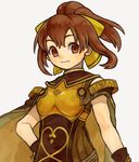  bare_shoulders bow bracelet braid breastplate brown_hair cape dyute_(fire_emblem) fire_emblem fire_emblem_echoes:_mou_hitori_no_eiyuuou grey_background highres jewelry long_hair ponytail simple_background solo upper_body yanedx 