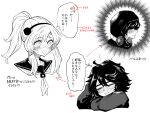  2girls :d aygoftenover blush cropped_torso glasses greyscale hairband headphones highres koishikawa_iko momijiyama_teru monochrome multiple_girls ponytail sailor_collar semi-rimless_eyewear shy_(series) smile speech_bubble sweat translation_request 
