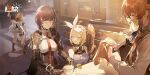  4girls apron averting_eyes bare_shoulders black_boots black_jacket blonde_hair blue_eyes blue_ribbon blush boots brown_hair bucket centaureissi_(girls&#039;_frontline_2) chinese_commentary closed_eyes coffee_maker collared_shirt copyright_name cup dalanxia from_behind g36_(girls&#039;_frontline) girls&#039;_frontline girls&#039;_frontline_2:_exilium gloves hair_ribbon highres jacket leaning_forward maid maid_headdress makiatto_(girls&#039;_frontline_2) mop multiple_girls necktie official_art open_clothes open_jacket open_mouth polishing ponytail purple_hair red_eyes red_necktie ribbed_shirt ribbon second-party_source sharkry_(girls&#039;_frontline_2) shirt springfield_(girls&#039;_frontline) table teacup underbust wa2000_(girls&#039;_frontline) wavy_mouth white_ribbon white_shirt yellow_gloves 