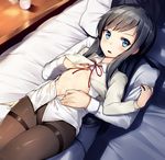  1girl :d admiral_(kantai_collection) arm_at_side asashio_(kantai_collection) bangs bed bed_sheet bedroom black_hair blue_eyes blush brown_legwear collared_shirt commentary couple cowboy_shot cup flat_chest flat_chest_grab girl_on_top grabbing hetero indoors kantai_collection long_hair long_sleeves looking_at_viewer looking_up lying military military_uniform naval_uniform navel on_back on_bed open_clothes open_mouth open_shirt orihi_chihiro panties panties_under_pantyhose pants pantyhose pillow red_ribbon remodel_(kantai_collection) ribbon shirt sidelocks smile solo_focus stomach swept_bangs table thighband_pantyhose underwear uniform white_pants white_shirt wing_collar 