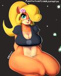  2017 anthro bandicoot big_breasts black_nose blonde_hair blue_eyes bottomless breasts cleavage clothed clothing coco_bandicoot crash_bandicoot_(series) eyebrows eyelashes female flower flower_in_hair hair hair_over_eye lapinstein long_hair looking_at_viewer mammal marsupial navel plant ponytail shirt smile solo thick_thighs url video_games wide_hips 