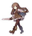  bangs boots brown_eyes brown_hair dress gloves long_hair long_sleeves pants sawayaka_samehada smile solo sword swordsman_(tree_of_savior) tree_of_savior vest weapon 