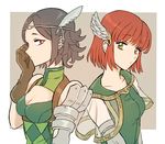  adjusting_hair bare_shoulders black_hair bracer breasts circlet cleavage detached_collar dress fire_emblem fire_emblem:_kakusei fire_emblem:_rekka_no_ken fire_emblem_heroes gloves green_eyes leather leather_gloves looking_at_another looking_at_viewer medium_breasts multiple_girls noire_(fire_emblem) noshima priscilla_(fire_emblem) profile red_eyes red_hair see-through short_hair smile upper_body wing_hair_ornament 