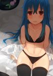  absurdres ass_visible_through_thighs bangs bare_arms bare_shoulders bed_sheet black_bra black_hat black_legwear black_panties blue_hair blush bra collarbone commentary_request day flat_chest food frown fruit hair_between_eyes hat hat_ornament hat_removed headwear_removed highres hinanawi_tenshi leaf long_hair long_sleeves looking_at_viewer navel niseneko_(mofumofu_ga_ienai) off_shoulder open_mouth panties peach red_eyes sheet_grab shirt signature sitting solo stomach straight_hair sunlight tareme thighhighs touhou underwear underwear_only very_long_hair white_shirt 