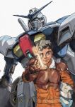  1boy animification bad_id bad_twitter_id blue_eyes brown_gloves brown_hair dustin_wilkinson_(ozkai) g-saviour_gundam gloves gundam gundam_g-saviour helmet holding holding_helmet jumpsuit mecha mecha_pilot_suit orange_jumpsuit robot science_fiction smile unworn_headwear unworn_helmet v-fin white_background 