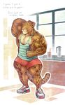  2014 anthro areola benji_(character) beverage blush clothing clouded_leopard coffee ear_piercing feline footwear green_eyes hyper hyper_muscles mainlion male mammal markings muscular muscular_male nipples one_eye_closed pecs piercing shirt shoes shorts tank_top thick_thighs vein veiny_muscles 