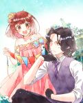  1boy 1girl atelier_(series) atelier_sophie black_gloves dress flower flower_on_head gloves harol_simens looking_at_another necktie nervous_sweating open_mouth pink_dress satsu sophie_neuenmuller sweat 