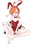  1girl absurdres ahoge animal_ears bandaid bandaid_on_knee bandaid_on_leg bare_shoulders between_legs blue_archive bow bowtie braid breasts collarbone detached_collar earrings fake_animal_ears fang hair_ornament halo hand_between_legs highres jacket jewelry leotard looking_at_viewer medium_hair mole mole_under_eye neru_(blue_archive) neru_(bunny)_(blue_archive) official_alternate_costume open_mouth oversized_breast_cup playboy_bunny print_jacket rabbit_ears red_bow red_eyes red_leotard reiami simple_background small_breasts solo spread_legs strapless strapless_leotard sukajan tag thighs traditional_bowtie tsurime v-shaped_eyebrows white_background 