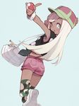  :d arm_up armpits bag bangs bare_shoulders baseball_cap blue_eyes blush camouflage camouflage_legwear dark_skin frilled_bag from_behind hand_on_headwear handbag hat holding holding_poke_ball leg_up long_hair mizuki_(pokemon) open_mouth outstretched_arm pink_shorts pocket pointing pointing_at_viewer poke_ball poke_ball_(generic) pokemon pokemon_(game) pokemon_sm round_teeth running shoes short_shorts shorts shoulder_bag silver_hair sleeveless smile solo soto straight_hair swept_bangs tank_top tareme teeth thighhighs white_footwear wristband 
