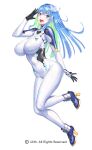  1girl :d black_gloves blue_eyes blue_hair bodysuit breasts colored_inner_hair copyright_notice full_body gloves green_hair high_heels large_breasts long_hair looking_at_viewer multicolored_hair nobushito official_art open_mouth salute second-party_source smile solo taimanin_(series) taimanin_rpgx tracy_(taimanin) white_background white_bodysuit 