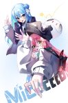  2girls :p amate_yuzuriha amate_yuzuriha_(cosplay) backpack bag beanie black_hat blue_eyes blue_hair cosplay future_cake green_eyes grin gundam gundam_gquuuuuux hair_between_eyes hair_ornament hairclip haro hat highres holding holding_hat holding_unworn_clothes hololive hoshimachi_suisei long_hair long_sleeves multiple_girls nyaan_(gundam_gquuuuuux) nyaan_(gundam_gquuuuuux)_(cosplay) red_bag red_hair sakura_miko smile star_(symbol) teeth tongue tongue_out unworn_hat unworn_headwear virtual_youtuber waving 