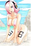  1girl barefoot beach bikini breasts curvy female hair_over_one_eye headphones large_breasts leg_tattoo looking_at_viewer one_piece pink_hair smile solo swimsuit tattoo traditional_media vinsmoke_reiju 