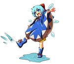  :d adapted_costume baba_(baba_seimaijo) blue_eyes blue_footwear blue_hair boots bow cirno commentary_request eyebrows_visible_through_hair full_body hair_bow highres ice ice_wings looking_down neck_ribbon open_mouth outstretched_arms outstretched_hand playing poncho puddle red_bow red_ribbon ribbon rubber_boots short_hair smile solo spread_arms tachi-e touhou transparent_background v-shaped_eyebrows wings 