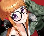  &gt;:) arm_up bangs bare_shoulders black-framed_eyewear blunt_bangs blush closed_mouth collarbone commentary_request from_above fur_collar fur_trim glasses green_jacket headphones jacket lips long_hair looking_at_viewer looking_up ogino_atsuki open_clothes open_jacket orange_hair persona persona_5 red_background round_eyewear sakura_futaba sidelocks simple_background smile solo tank_top tareme upper_body v-shaped_eyebrows 