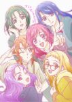  6+girls :d akimoto_komachi blonde_hair blue_eyes blue_hair brown_eyes eyelashes glasses green_eyes green_hair highres kasugano_urara_(yes!_precure_5) kibou_no_chikara_~otona_precure_&#039;23~ lipstick long_hair looking_at_viewer makeup medium_hair mimino_kurumi minazuki_karen multiple_girls natsuki_rin one_eye_closed orange_eyes orange_hair pink_eyes pink_hair pointing pointing_at_viewer precure purple_eyes purple_hair salute short_bangs short_hair simple_background smile sugimoto_miho white_background yumehara_nozomi 