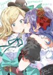  2girls black_dress black_hat blonde_hair blush center_frills closed_mouth commentary crown dated dress dress_shirt english_commentary frilled_shirt frills green_eyes green_ribbon happy_birthday hat heart highres izumi_shiho kiss kissing_cheek long_hair medium_hair mini_crown mizuguchi_aki mole mole_under_eye multiple_girls neck_ribbon one_side_up purple_hair ribbon sasayaku_you_ni_koi_wo_utau shirt simple_background takeshima_eku wavy_mouth white_background white_shirt yuri 