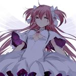  absurdres arms_at_sides bad_id bad_pixiv_id bangs breasts cleavage cleavage_cutout closed_eyes dress eyebrows_visible_through_hair gem hair_between_eyes hair_ribbon highres jewelry kaname_madoka long_hair mahou_shoujo_madoka_magica misteor necklace purple_dress purple_ribbon red_hair ribbon sketch small_breasts solo two_side_up ultimate_madoka white_background 