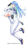  1girl black_gloves blue_eyes blue_hair bodysuit breasts breasts_out colored_inner_hair copyright_notice full_body furrowed_brow gloves green_hair high_heels large_breasts long_hair looking_at_viewer multicolored_hair nipples nobushito official_art open_mouth salute second-party_source solo taimanin_(series) taimanin_rpgx torn_bodysuit torn_clothes tracy_(taimanin) white_background white_bodysuit 