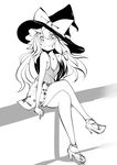  :3 alternate_costume arm_support bow camisole casual contemporary crossed_legs full_body greyscale hair_bow hair_ribbon hat hat_bow high_heels kirisame_marisa komojino-u legs long_hair looking_at_viewer miniskirt monochrome on_fence ribbon sitting skirt smile solo touhou tress_ribbon wavy_hair witch_hat 