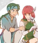  1girl arm_grab bandaged_arm bandages blush boots braid breasts character_name crying dress fire_emblem fire_emblem:_rekka_no_ken gloves green_eyes green_hair guy_(fire_emblem) headband long_hair looking_at_another medium_breasts noshima open_mouth pants ponytail priscilla_(fire_emblem) red_eyes red_hair shirt short_hair squatting sweatdrop tears wing_hair_ornament wiping_tears 