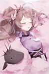  1girl ahoge animal_ears arknights brown_hair closed_mouth collared_shirt dolly_(arknights) eyjafjalla_(arknights) eyjafjalla_the_hvit_aska_(arknights) highres horns long_hair parted_lips paya_32 purple_shirt sheep sheep_horns shirt solo upper_body 