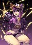  bangs baseball_cap blunt_bangs eyeliner hat jacket karla_diaz_castro looking_at_viewer makeup midriff multicolored_hair nose open_clothes open_jacket original prosthesis prosthetic_arm purple_eyes purple_hair short_shorts shorts solo strapless toon tubetop two-tone_hair 