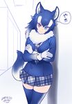  against_wall animal_ears black_hair blue_eyes commentary_request fur_collar gloves grey_wolf_(kemono_friends) heterochromia hori_(hori_no_su) kemono_friends leaning_on_object long_hair long_sleeves looking_at_viewer multicolored_hair necktie partially_colored red_eyes skirt solo tail translated two-tone_hair wall wolf_ears wolf_tail 