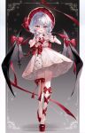  1girl :d absurdres bat_wings black_background blue_hair blush bonnet bow bow_on_wing bowtie commentary detached_sleeves dress earrings fang full_body gradient_background grey_background hair_between_eyes heart heart_earrings heart_hands highres jewelry leg_ribbon looking_at_viewer petticoat pink_dress pointy_ears red_bonnet red_bow red_bowtie red_hair red_nails remilia_scarlet ribbon short_hair smile solo standing standing_on_one_leg touhou wings wrist_cuffs yukia_(yukia_777) 
