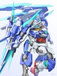  00_qan[t] 00_qan[t]_full_saber artist_name commentary_request from_side green_eyes gundam gundam_00 gundam_00_a_wakening_of_the_trailblazer highres holding holding_sword holding_weapon mecha mecha_focus mobile_suit no_humans robot science_fiction shield simple_background solo sword tei-o v-fin weapon white_background 
